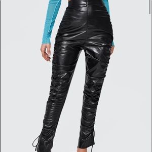 High waisted Drawstring side leather black pants , size (S)